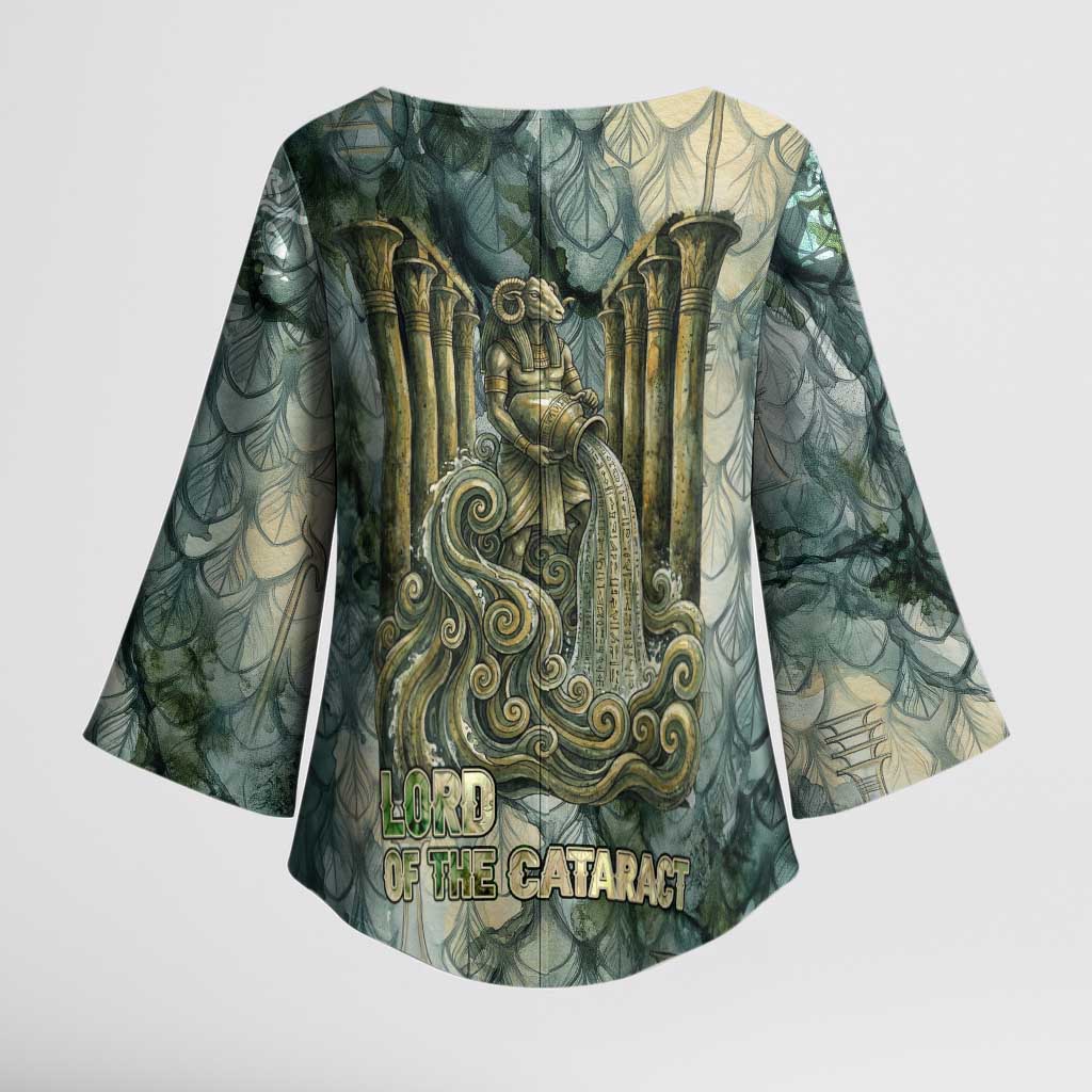 Khnum Ancient Egyptian Kimono Sleeve Blouse with Smoky Leaf, Ram Head Emblem, and Guardian of the Cataract - Wonder Print Shop