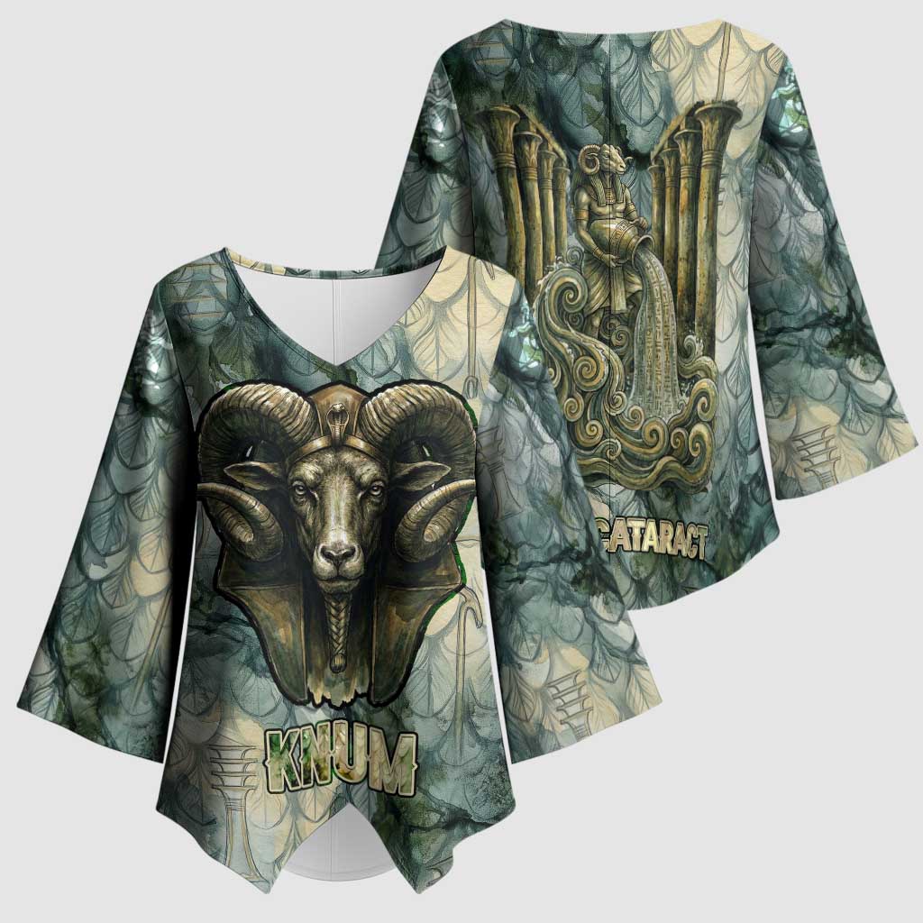 Khnum Ancient Egyptian Kimono Sleeve Blouse with Smoky Leaf, Ram Head Emblem, and Guardian of the Cataract - Wonder Print Shop