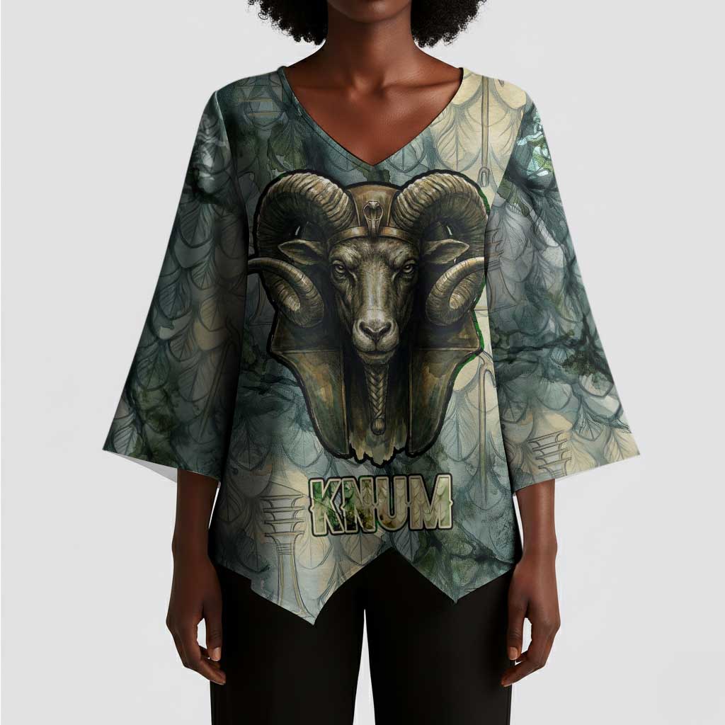 Khnum Ancient Egyptian Kimono Sleeve Blouse with Smoky Leaf, Ram Head Emblem, and Guardian of the Cataract - Wonder Print Shop