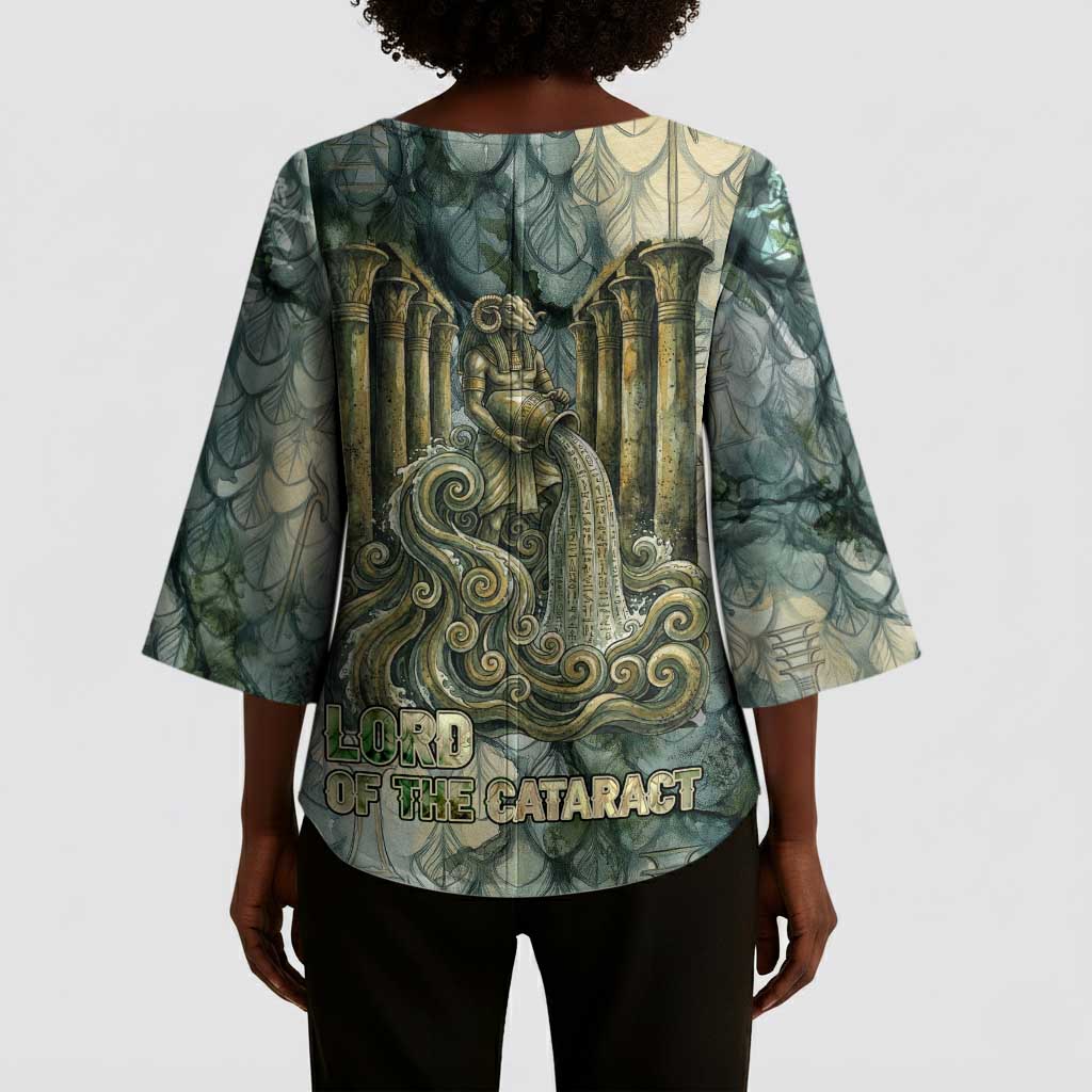 Khnum Ancient Egyptian Kimono Sleeve Blouse with Smoky Leaf, Ram Head Emblem, and Guardian of the Cataract - Wonder Print Shop