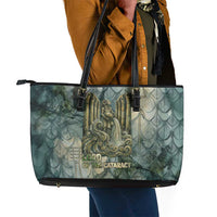 Khnum Ancient Egyptian Leather Tote Bag with Smoky Leaf, Ram Head Emblem, and Guardian of the Cataract - Wonder Print Shop