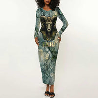 Khnum Ancient Egyptian Long Sleeve Bodycon Dress with Smoky Leaf, Ram Head Emblem, and Guardian of the Cataract - Wonder Print Shop