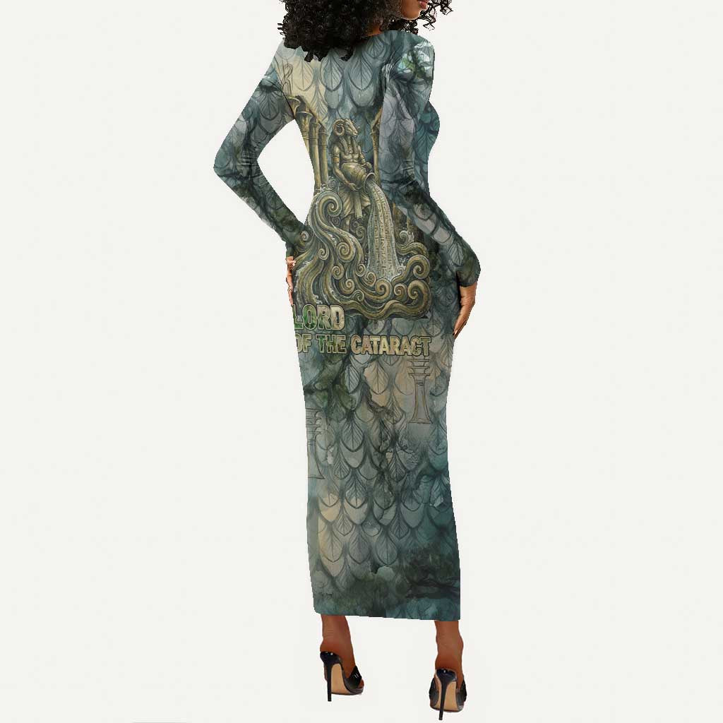 Khnum Ancient Egyptian Long Sleeve Bodycon Dress with Smoky Leaf, Ram Head Emblem, and Guardian of the Cataract - Wonder Print Shop