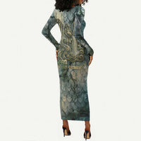 Khnum Ancient Egyptian Long Sleeve Bodycon Dress with Smoky Leaf, Ram Head Emblem, and Guardian of the Cataract - Wonder Print Shop