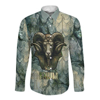 Khnum Ancient Egyptian Long Sleeve Button Shirt with Smoky Leaf, Ram Head Emblem, and Guardian of the Cataract - Wonder Print Shop