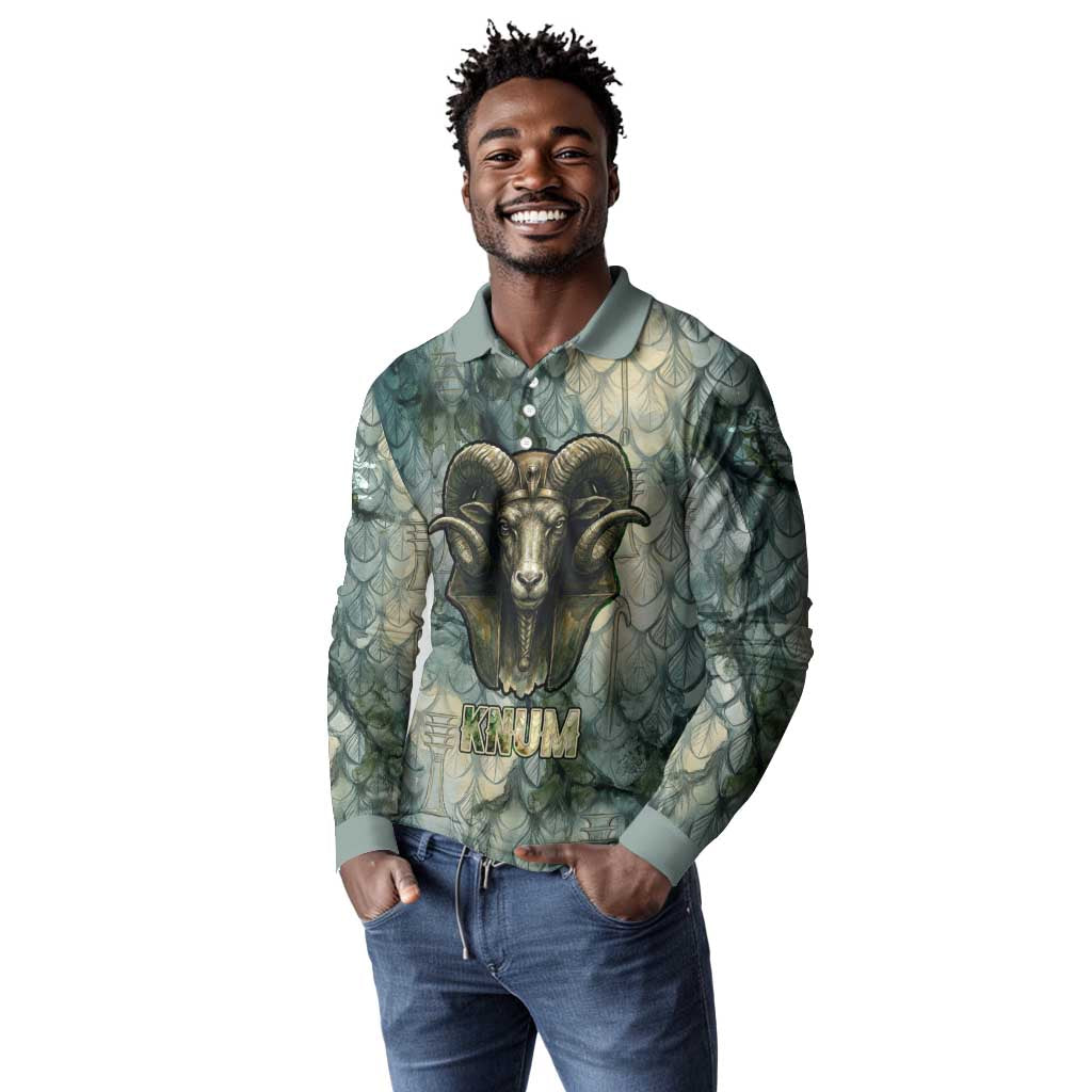 Khnum Ancient Egyptian Long Sleeve Polo Shirt with Smoky Leaf, Ram Head Emblem, and Guardian of the Cataract - Wonder Print Shop