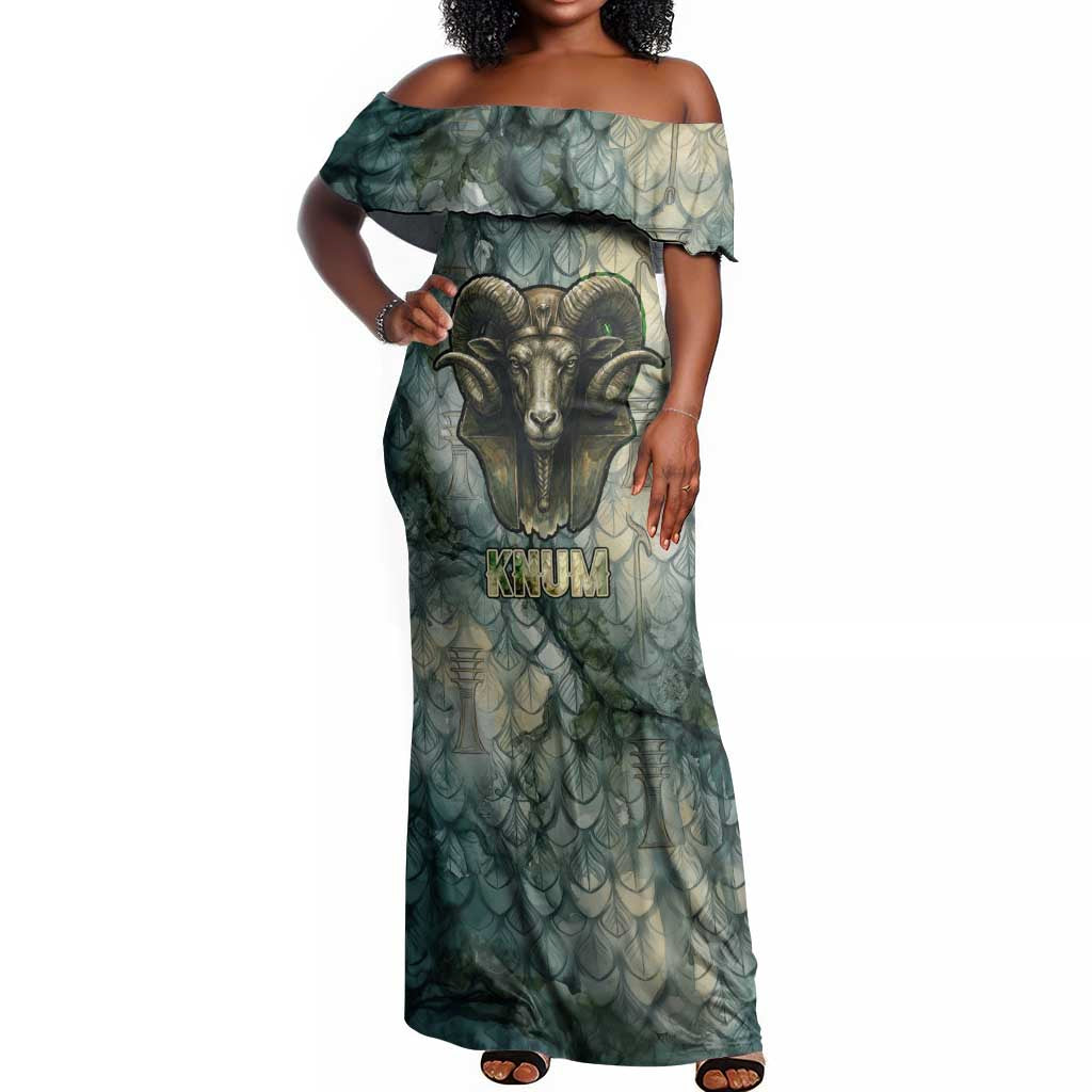 Khnum Ancient Egyptian Off Shoulder Maxi Dress with Smoky Leaf, Ram Head Emblem, and Guardian of the Cataract - Wonder Print Shop