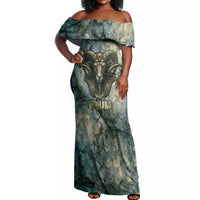 Khnum Ancient Egyptian Off Shoulder Maxi Dress with Smoky Leaf, Ram Head Emblem, and Guardian of the Cataract - Wonder Print Shop