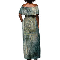 Khnum Ancient Egyptian Off Shoulder Maxi Dress with Smoky Leaf, Ram Head Emblem, and Guardian of the Cataract - Wonder Print Shop