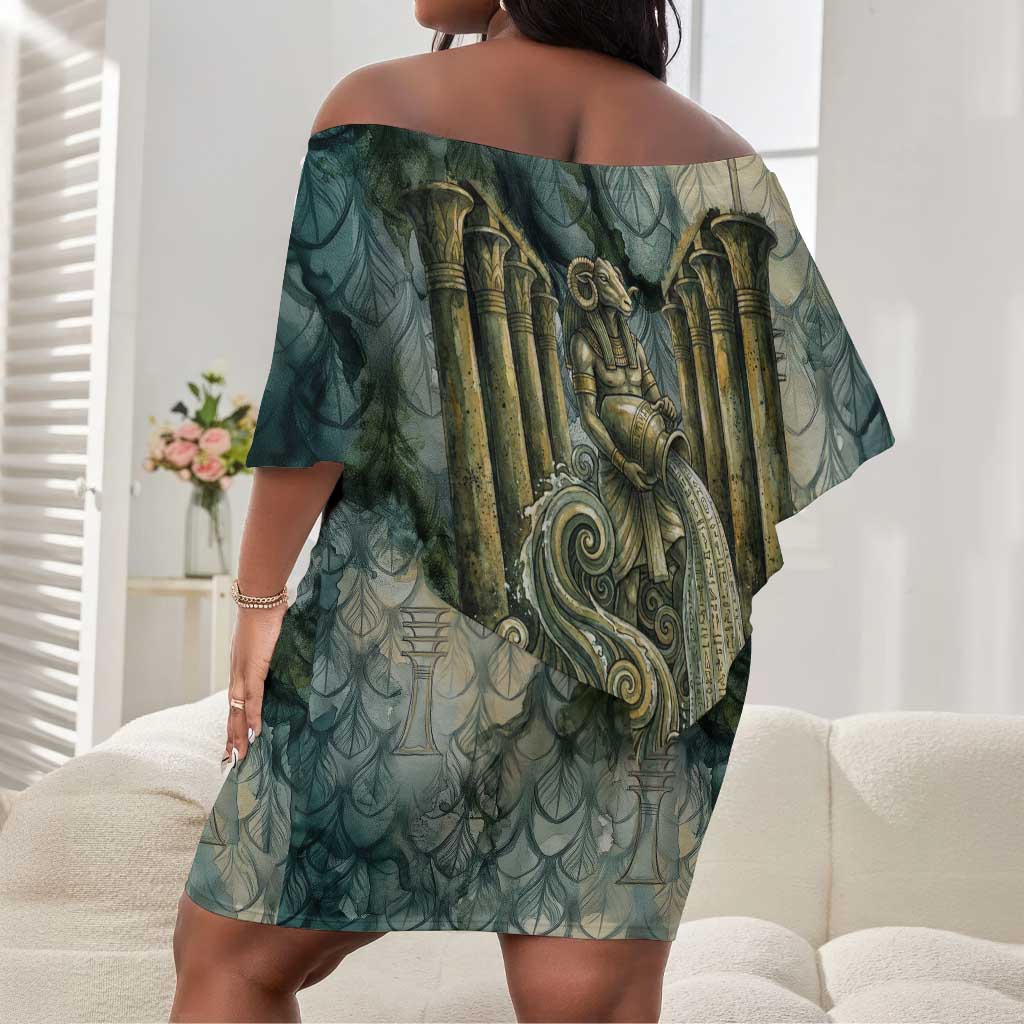 Khnum Ancient Egyptian Off Shoulder Short Dress with Smoky Leaf, Ram Head Emblem, and Guardian of the Cataract - Wonder Print Shop