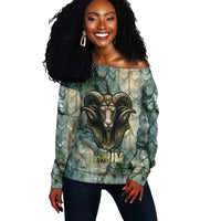 Khnum Ancient Egyptian Off Shoulder Sweater with Smoky Leaf, Ram Head Emblem, and Guardian of the Cataract - Wonder Print Shop