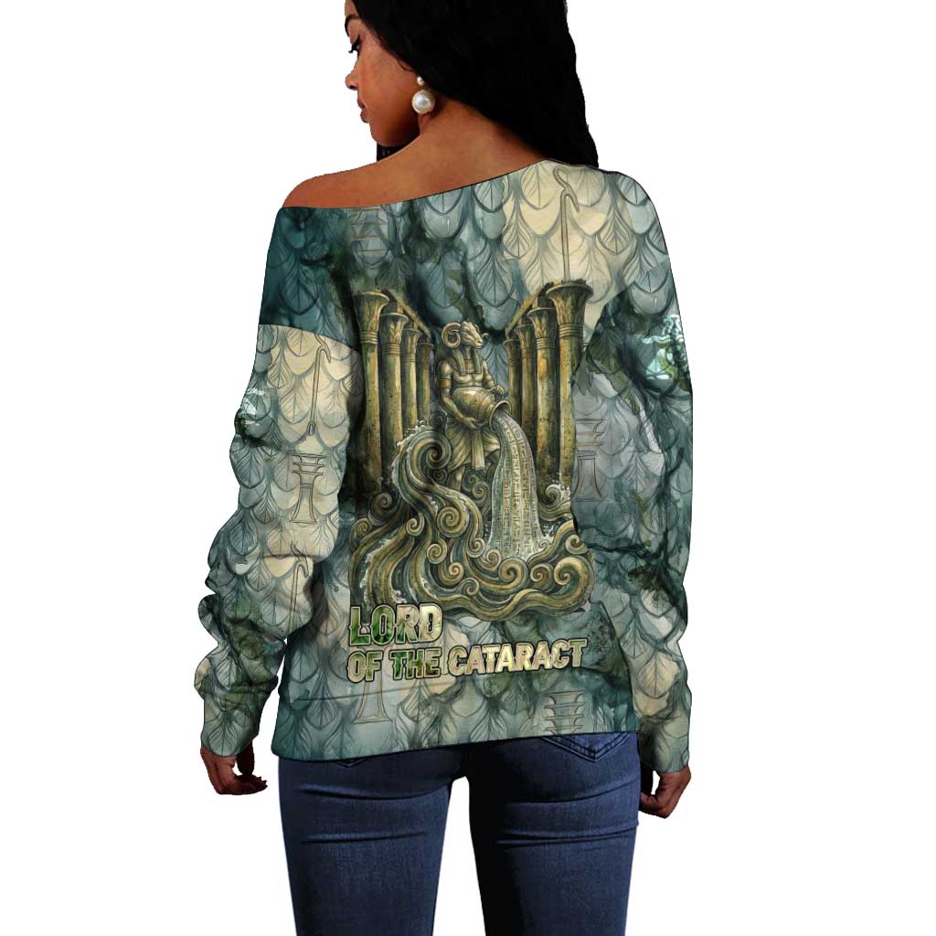 Khnum Ancient Egyptian Off Shoulder Sweater with Smoky Leaf, Ram Head Emblem, and Guardian of the Cataract - Wonder Print Shop