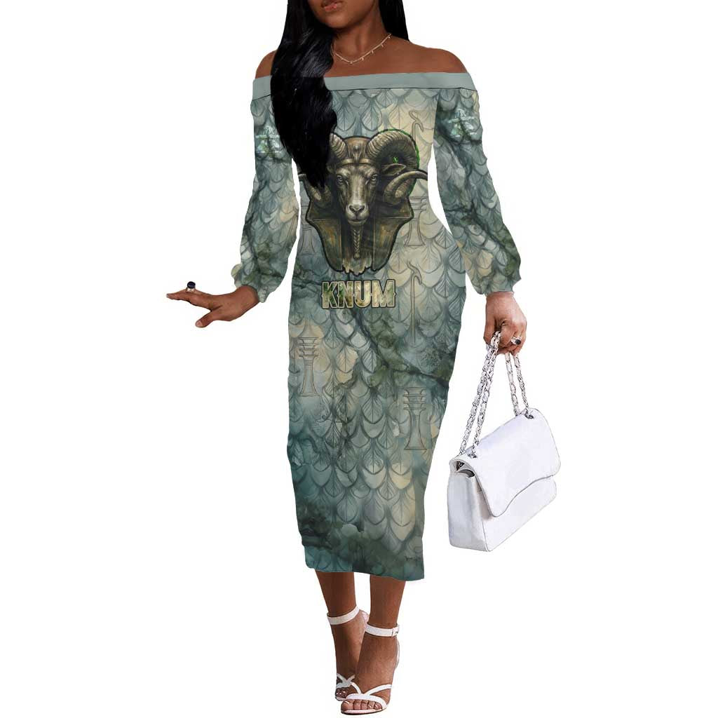 Khnum Ancient Egyptian Off The Shoulder Long Sleeve Dress with Smoky Leaf, Ram Head Emblem, and Guardian of the Cataract - Wonder Print Shop