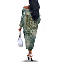 Khnum Ancient Egyptian Off The Shoulder Long Sleeve Dress with Smoky Leaf, Ram Head Emblem, and Guardian of the Cataract - Wonder Print Shop