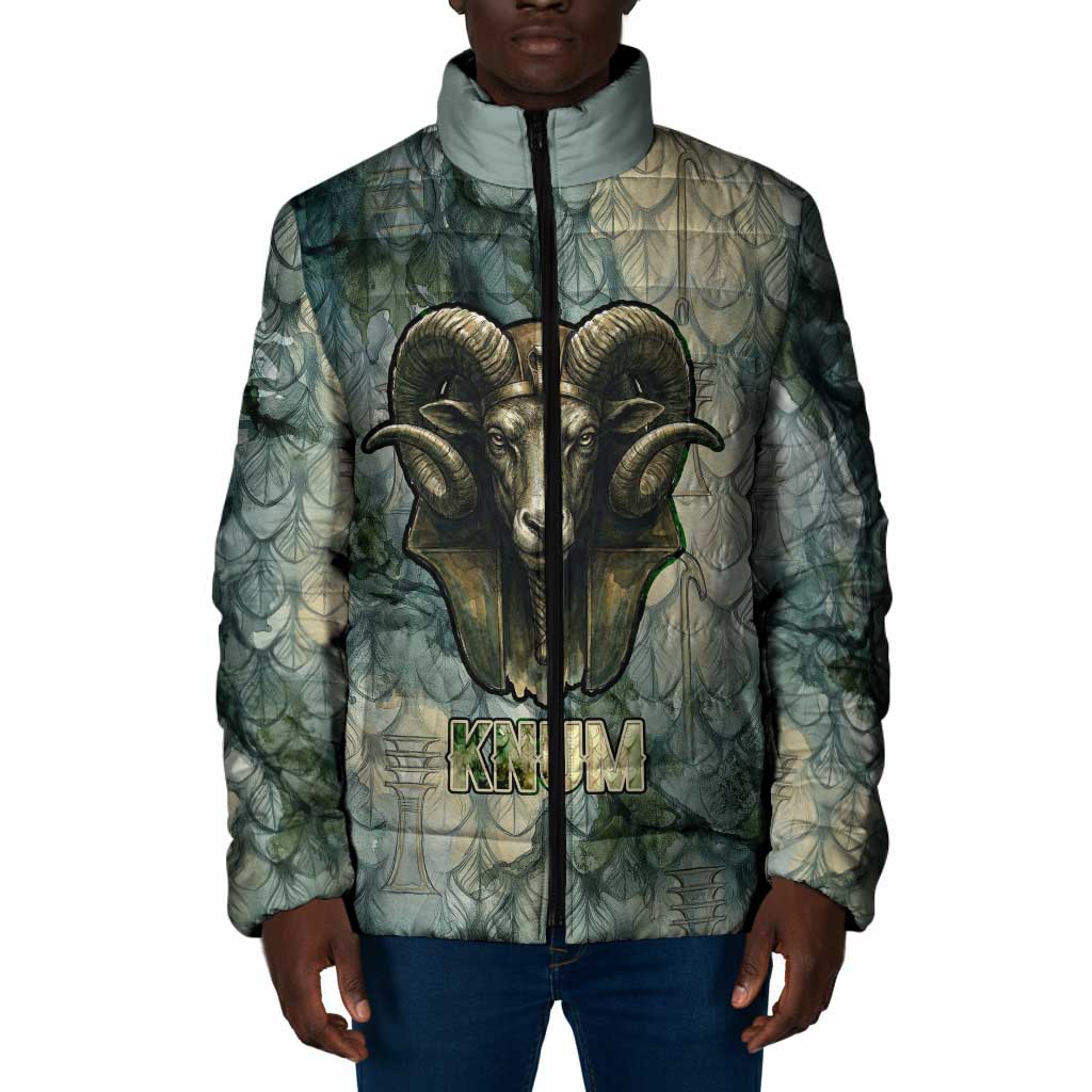 Khnum Ancient Egyptian Padded Jacket with Smoky Leaf, Ram Head Emblem, and Guardian of the Cataract - Wonder Print Shop