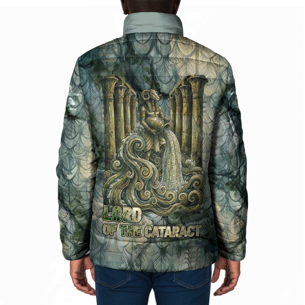 Khnum Ancient Egyptian Padded Jacket with Smoky Leaf, Ram Head Emblem, and Guardian of the Cataract - Wonder Print Shop
