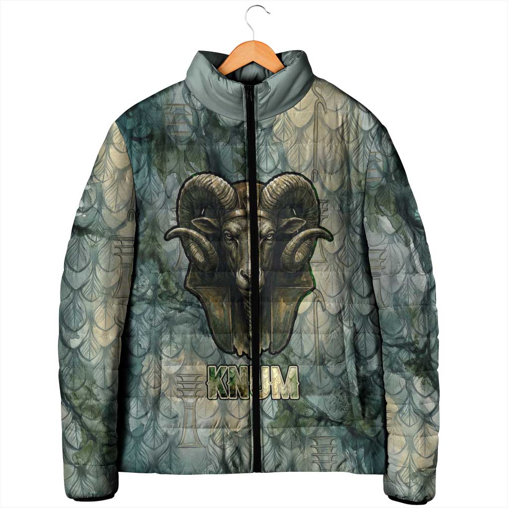 Khnum Ancient Egyptian Padded Jacket with Smoky Leaf, Ram Head Emblem, and Guardian of the Cataract - Wonder Print Shop