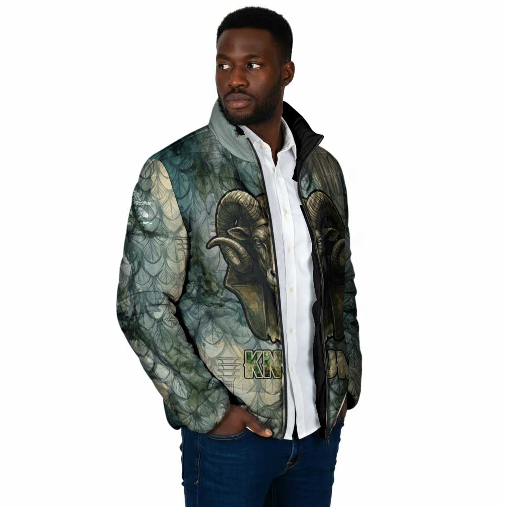 Khnum Ancient Egyptian Padded Jacket with Smoky Leaf, Ram Head Emblem, and Guardian of the Cataract - Wonder Print Shop