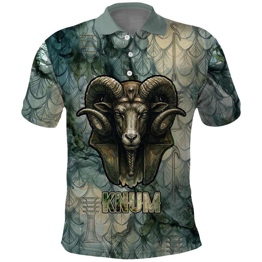 Khnum Ancient Egyptian Polo Shirt with Smoky Leaf, Ram Head Emblem, and Guardian of the Cataract - Wonder Print Shop