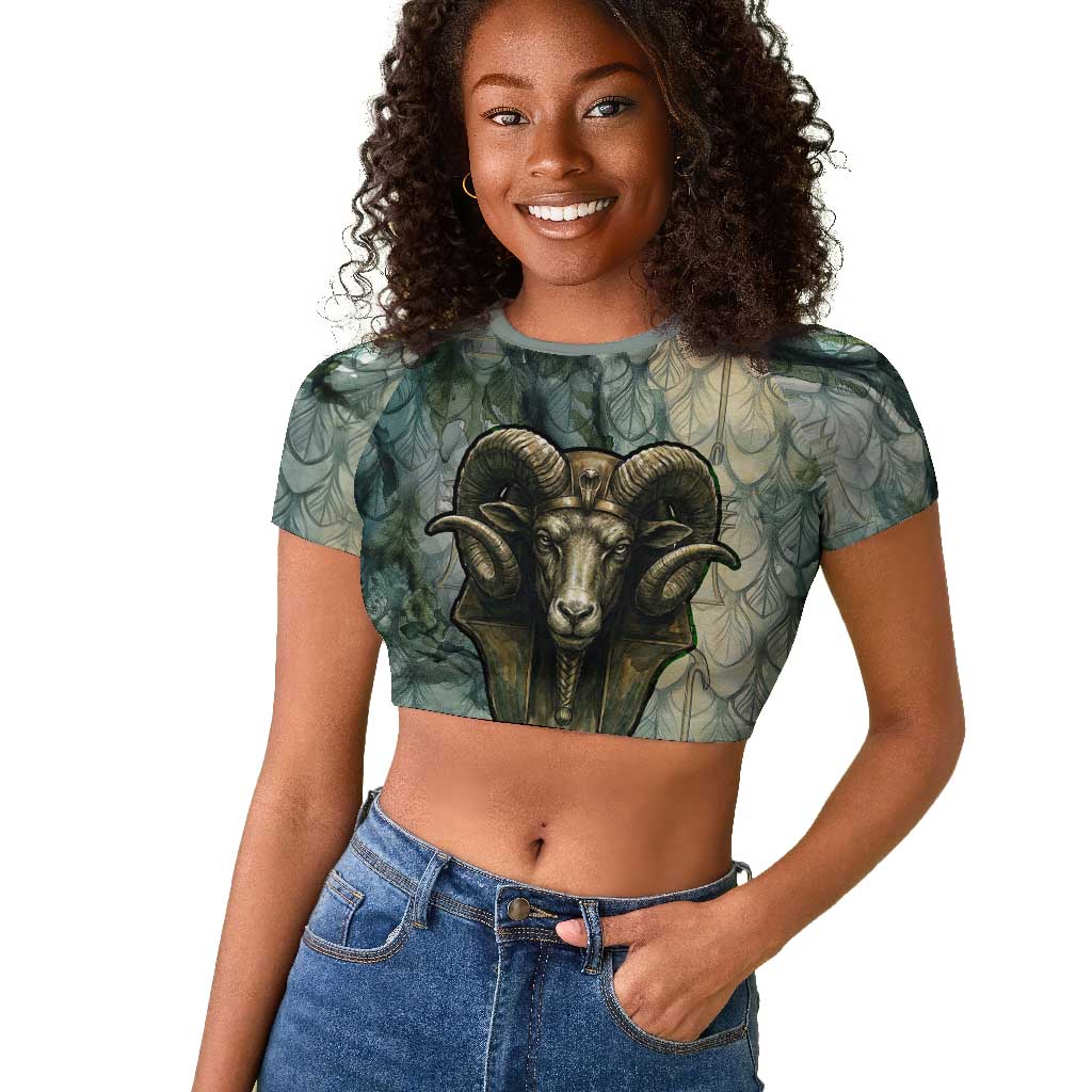 Khnum Ancient Egyptian Raglan Cropped T shirt with Smoky Leaf, Ram Head Emblem, and Guardian of the Cataract - Wonder Print Shop
