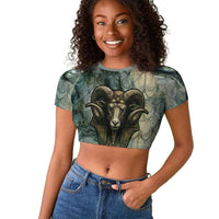 Khnum Ancient Egyptian Raglan Cropped T shirt with Smoky Leaf, Ram Head Emblem, and Guardian of the Cataract - Wonder Print Shop