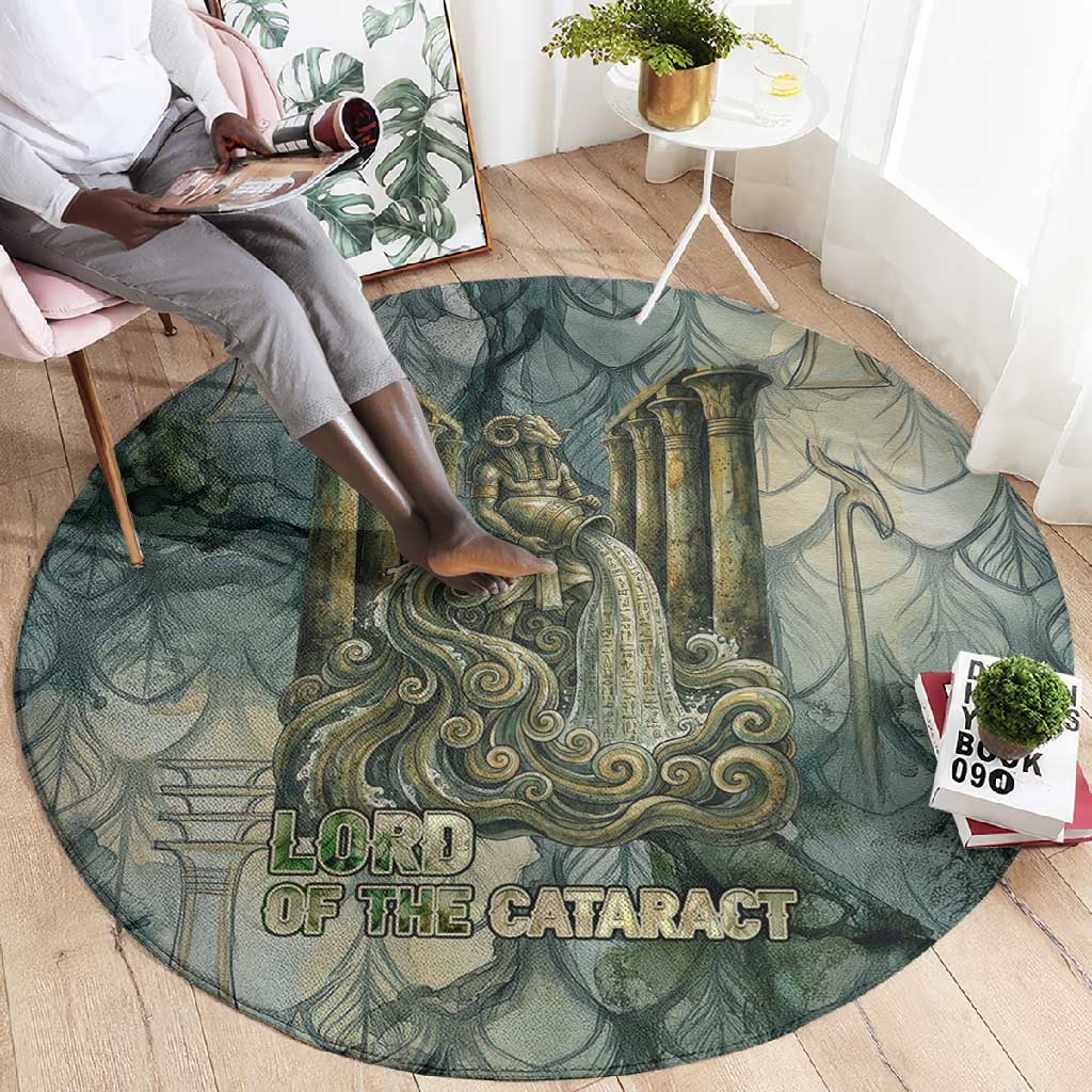 Khnum Ancient Egyptian Round Carpet with Smoky Leaf, Ram Head Emblem, and Guardian of the Cataract - Wonder Print Shop