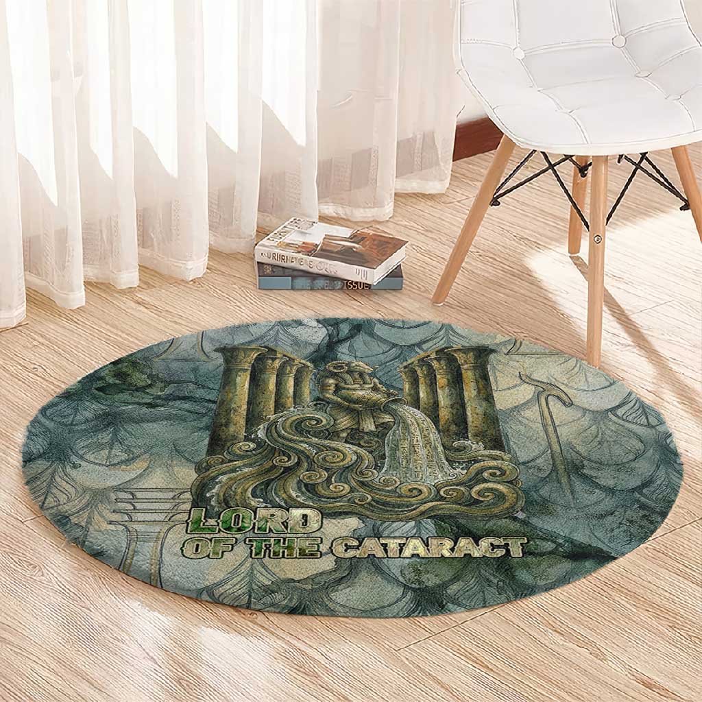 Khnum Ancient Egyptian Round Carpet with Smoky Leaf, Ram Head Emblem, and Guardian of the Cataract - Wonder Print Shop