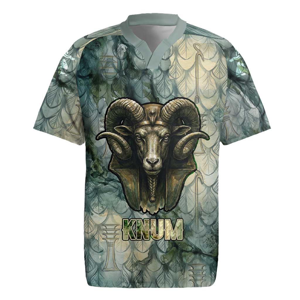 Khnum Ancient Egyptian Rugby Jersey with Smoky Leaf, Ram Head Emblem, and Guardian of the Cataract - Wonder Print Shop