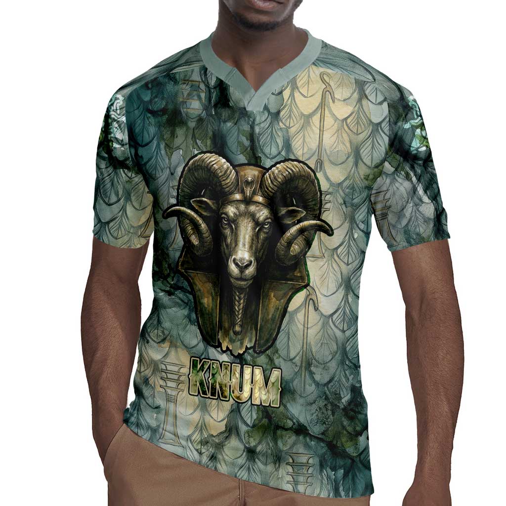 Khnum Ancient Egyptian Rugby Jersey with Smoky Leaf, Ram Head Emblem, and Guardian of the Cataract - Wonder Print Shop