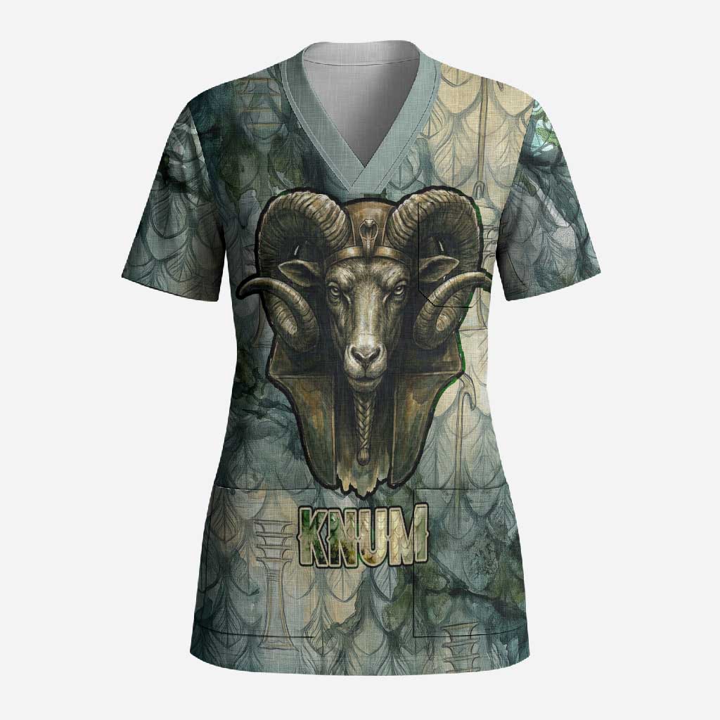 Khnum Ancient Egyptian Scrub Top with Smoky Leaf, Ram Head Emblem, and Guardian of the Cataract - Wonder Print Shop