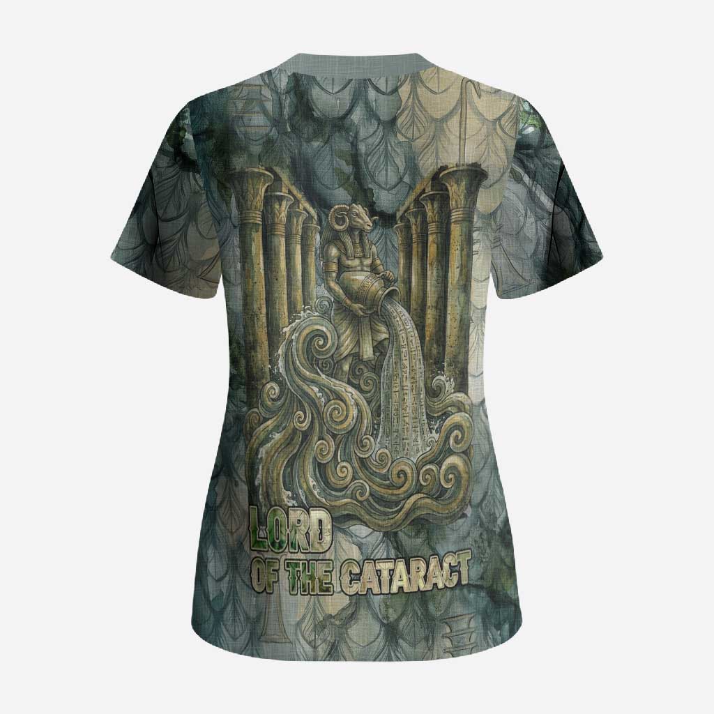 Khnum Ancient Egyptian Scrub Top with Smoky Leaf, Ram Head Emblem, and Guardian of the Cataract - Wonder Print Shop