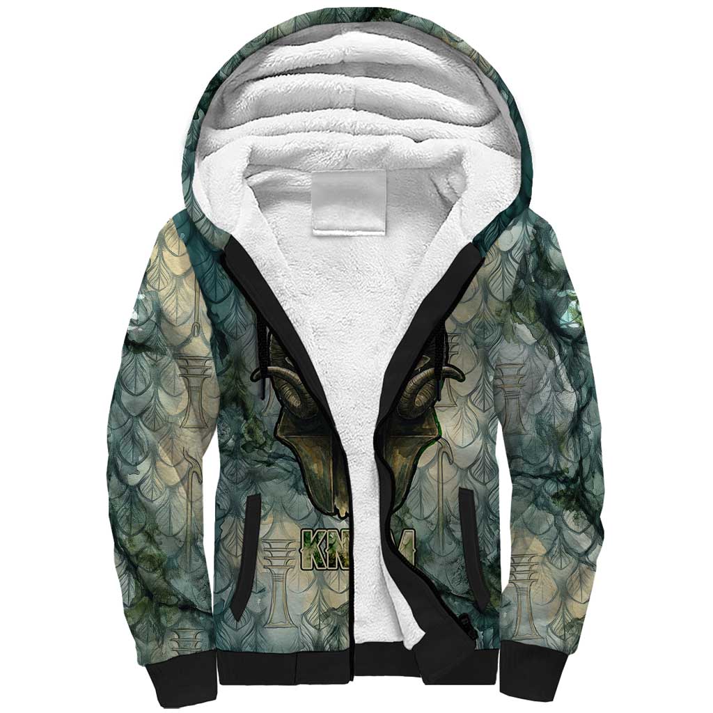 Khnum Ancient Egyptian Sherpa Hoodie with Smoky Leaf, Ram Head Emblem, and Guardian of the Cataract - Wonder Print Shop