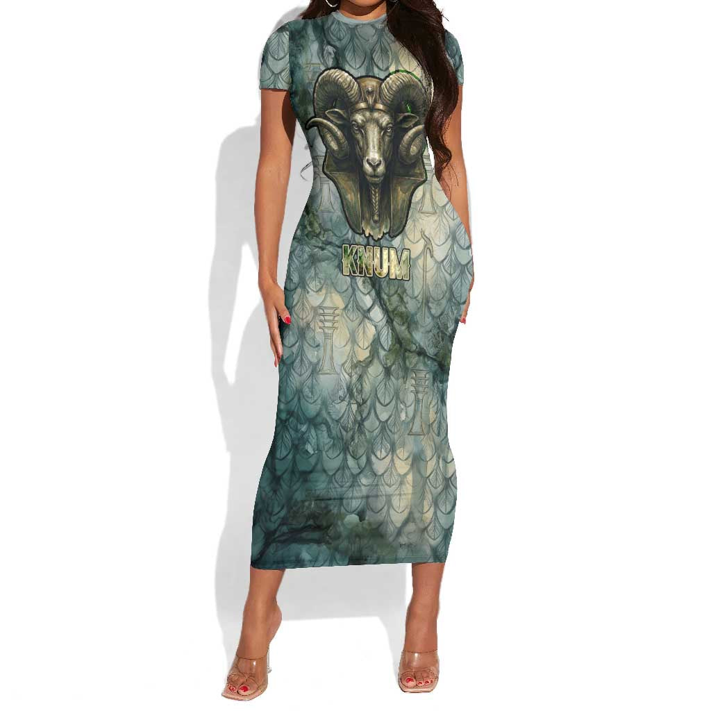 Khnum Ancient Egyptian Short Sleeve Bodycon Dress with Smoky Leaf, Ram Head Emblem, and Guardian of the Cataract - Wonder Print Shop