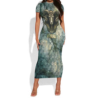 Khnum Ancient Egyptian Short Sleeve Bodycon Dress with Smoky Leaf, Ram Head Emblem, and Guardian of the Cataract - Wonder Print Shop