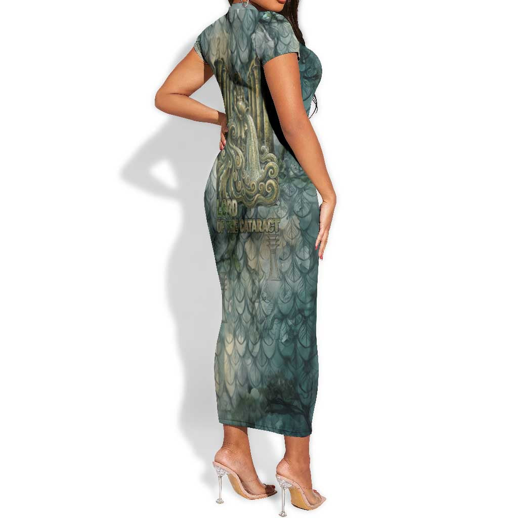 Khnum Ancient Egyptian Short Sleeve Bodycon Dress with Smoky Leaf, Ram Head Emblem, and Guardian of the Cataract - Wonder Print Shop