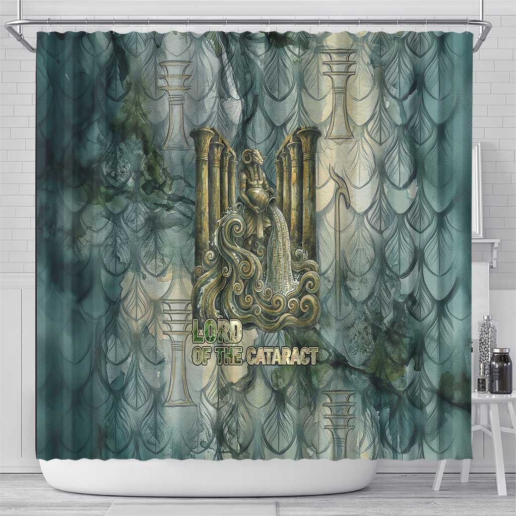 Khnum Ancient Egyptian Shower Curtain with Smoky Leaf, Ram Head Emblem, and Guardian of the Cataract - Wonder Print Shop