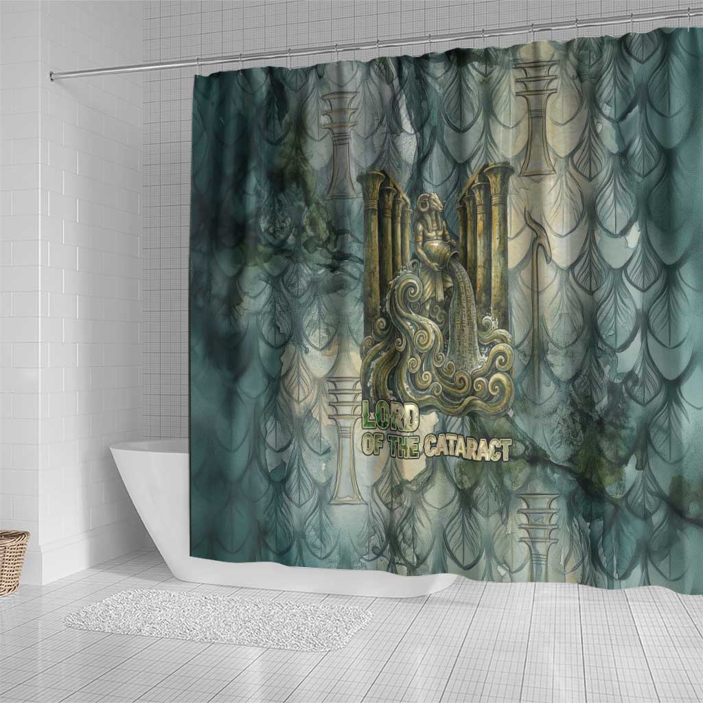 Khnum Ancient Egyptian Shower Curtain with Smoky Leaf, Ram Head Emblem, and Guardian of the Cataract - Wonder Print Shop