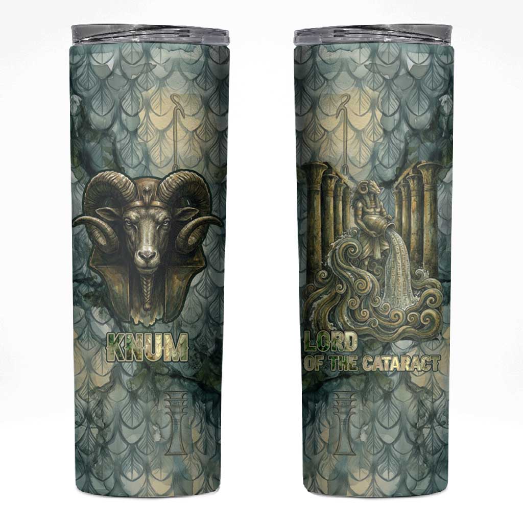 Khnum Ancient Egyptian Skinny Tumbler with Smoky Leaf, Ram Head Emblem, and Guardian of the Cataract - Wonder Print Shop