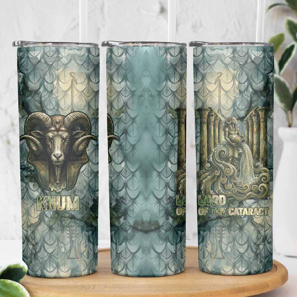 Khnum Ancient Egyptian Skinny Tumbler with Smoky Leaf, Ram Head Emblem, and Guardian of the Cataract - Wonder Print Shop