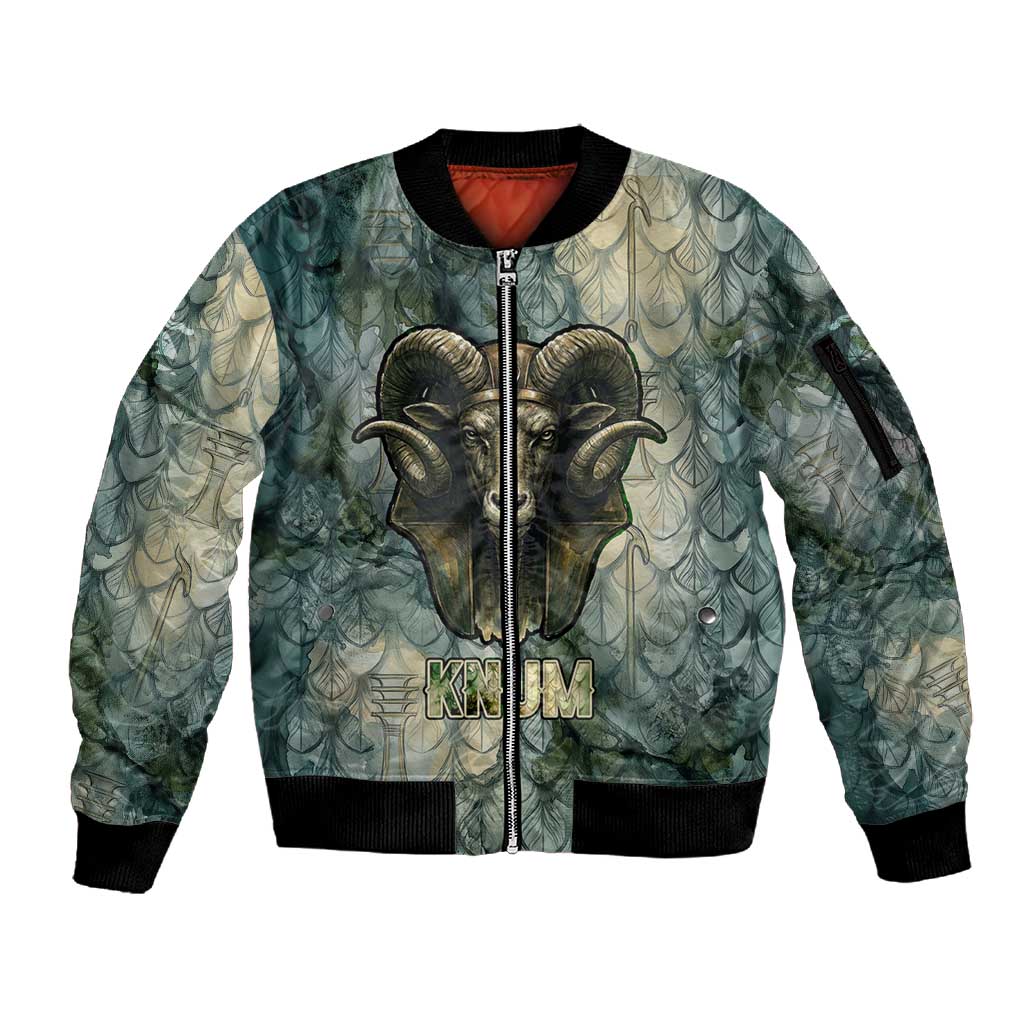 Khnum Ancient Egyptian Sleeve Zip Bomber Jacket with Smoky Leaf, Ram Head Emblem, and Guardian of the Cataract - Wonder Print Shop