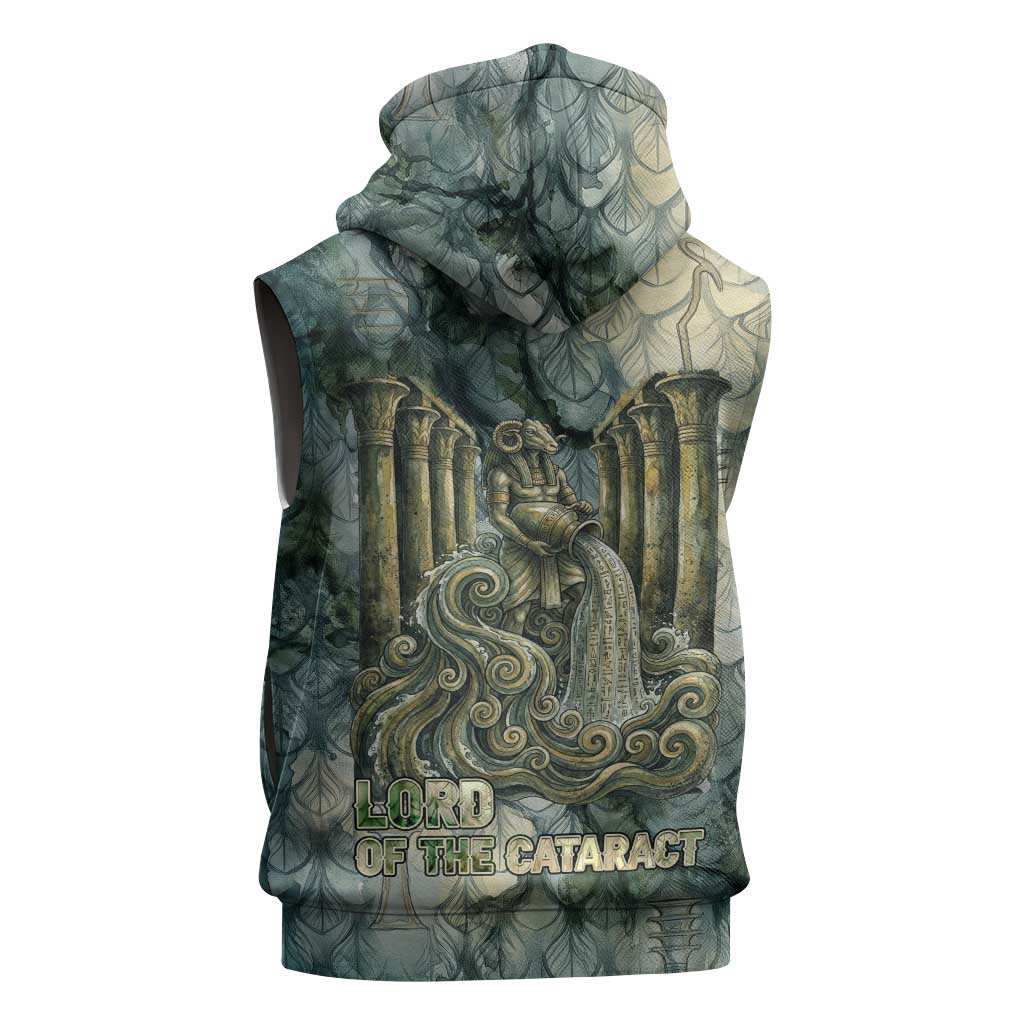 Khnum Ancient Egyptian Sleeveless Hoodie with Smoky Leaf, Ram Head Emblem, and Guardian of the Cataract - Wonder Print Shop