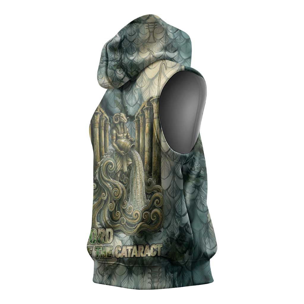 Khnum Ancient Egyptian Sleeveless Hoodie with Smoky Leaf, Ram Head Emblem, and Guardian of the Cataract - Wonder Print Shop