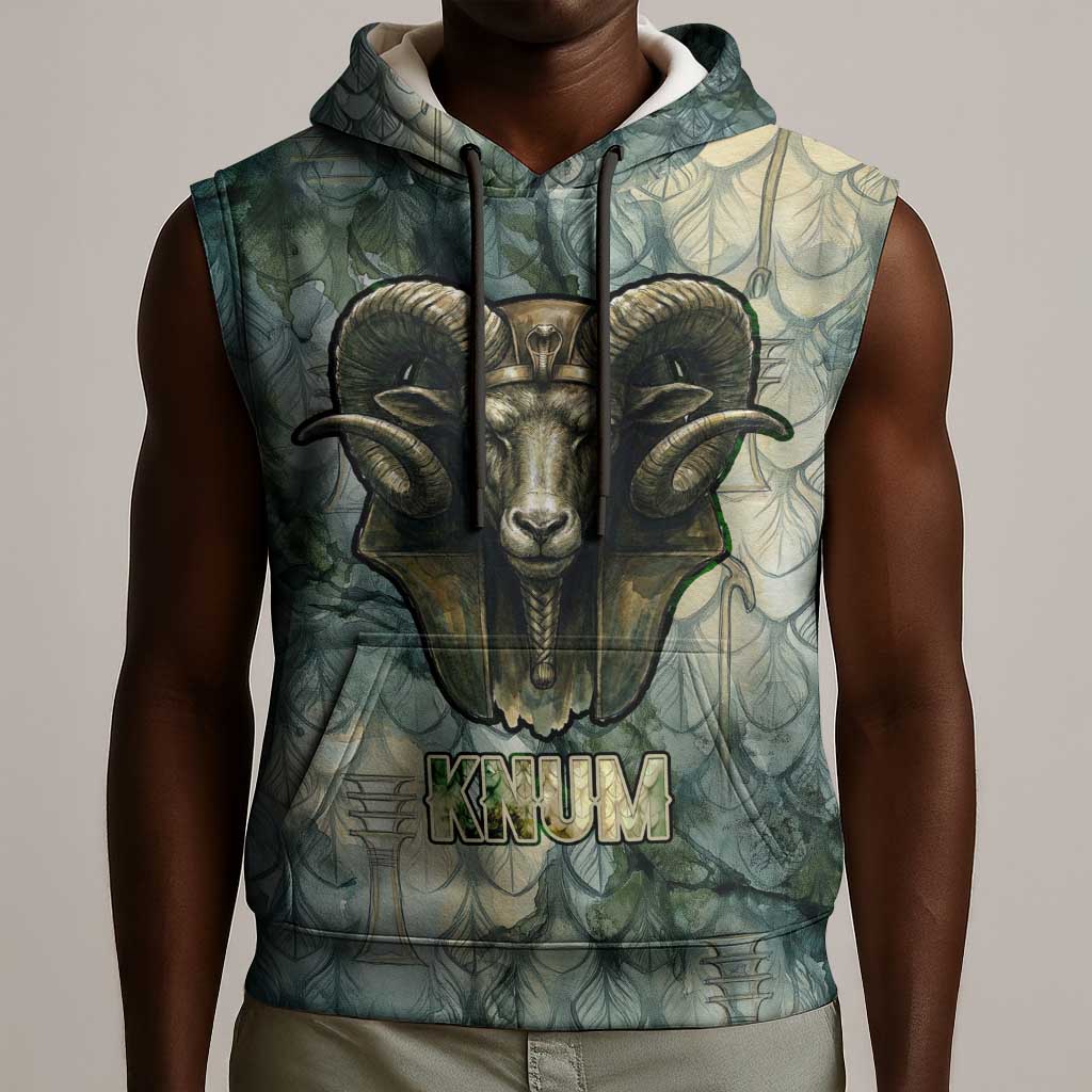 Khnum Ancient Egyptian Sleeveless Hoodie with Smoky Leaf, Ram Head Emblem, and Guardian of the Cataract - Wonder Print Shop