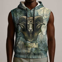 Khnum Ancient Egyptian Sleeveless Hoodie with Smoky Leaf, Ram Head Emblem, and Guardian of the Cataract - Wonder Print Shop