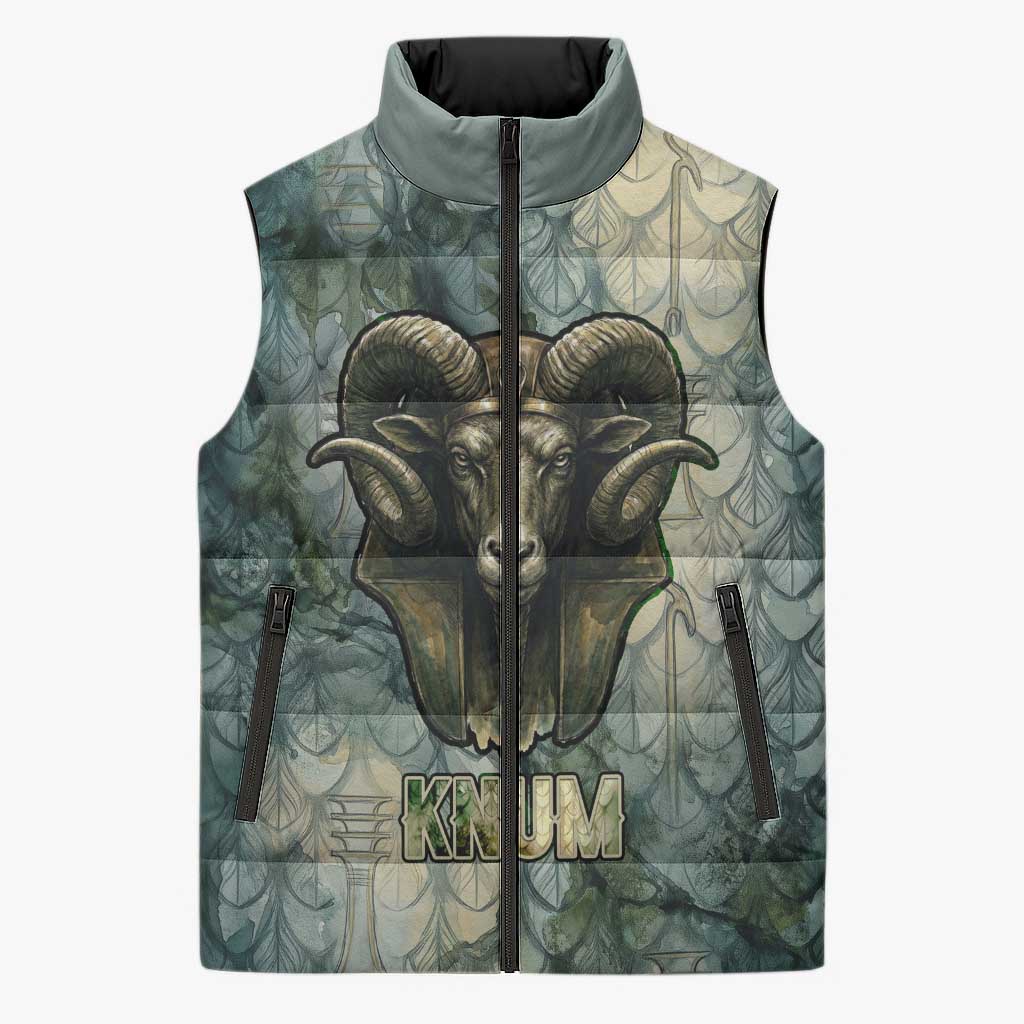 Khnum Ancient Egyptian Sleeveless Puffer Jacket with Smoky Leaf, Ram Head Emblem, and Guardian of the Cataract - Wonder Print Shop