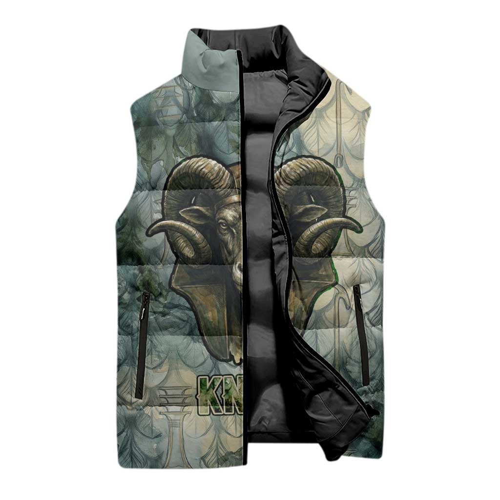 Khnum Ancient Egyptian Sleeveless Puffer Jacket with Smoky Leaf, Ram Head Emblem, and Guardian of the Cataract - Wonder Print Shop
