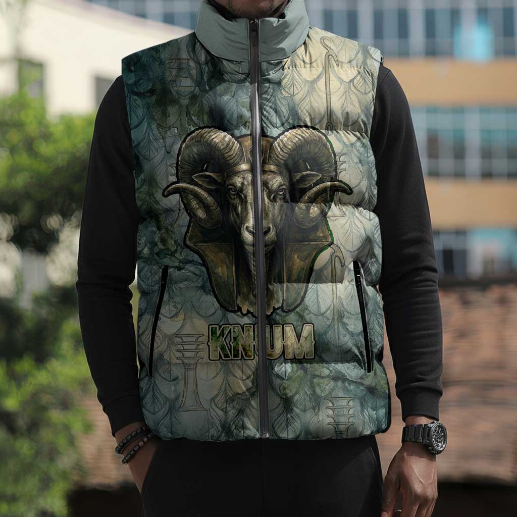 Khnum Ancient Egyptian Sleeveless Puffer Jacket with Smoky Leaf, Ram Head Emblem, and Guardian of the Cataract - Wonder Print Shop