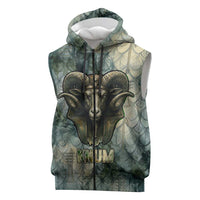 Khnum Ancient Egyptian Sleeveless Zip Hoodie with Smoky Leaf, Ram Head Emblem, and Guardian of the Cataract - Wonder Print Shop