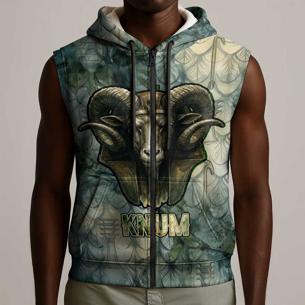 Khnum Ancient Egyptian Sleeveless Zip Hoodie with Smoky Leaf, Ram Head Emblem, and Guardian of the Cataract - Wonder Print Shop
