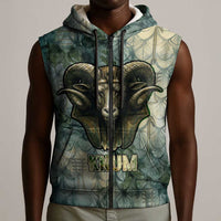 Khnum Ancient Egyptian Sleeveless Zip Hoodie with Smoky Leaf, Ram Head Emblem, and Guardian of the Cataract - Wonder Print Shop
